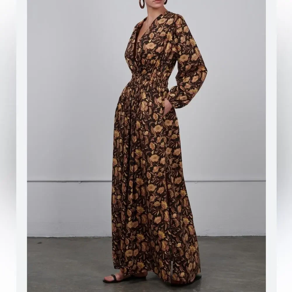 Matteau Puff Sleeve Open Back Orange Floral Maxi Dress - Picture 2 of 13